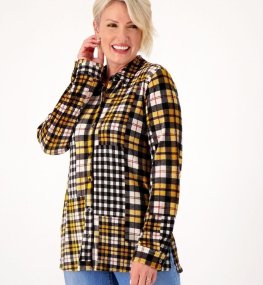 Susan Graver Weekend Plaid Knit Corduroy Button Up Shirt Yellow Black 1X NWOT